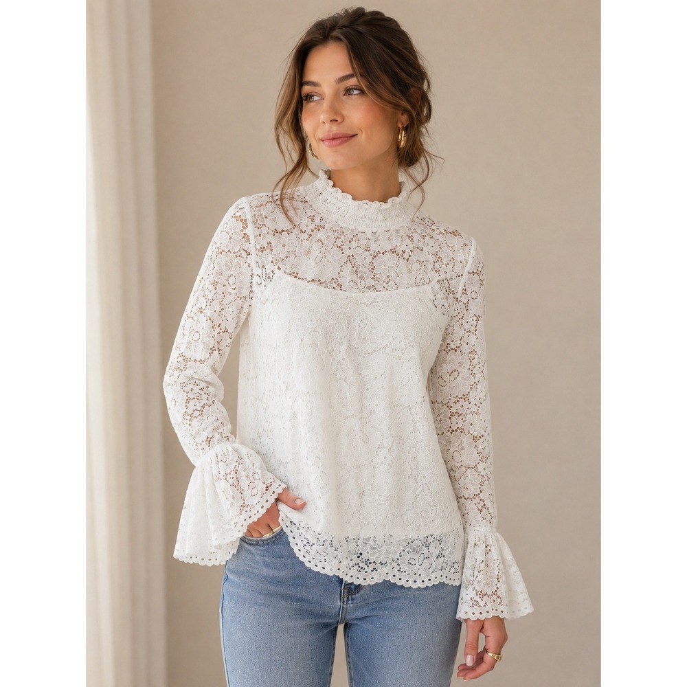 Adrianna Papell White Lace Blouse M High Neck Bell Sleeve Romantic Victorian Top